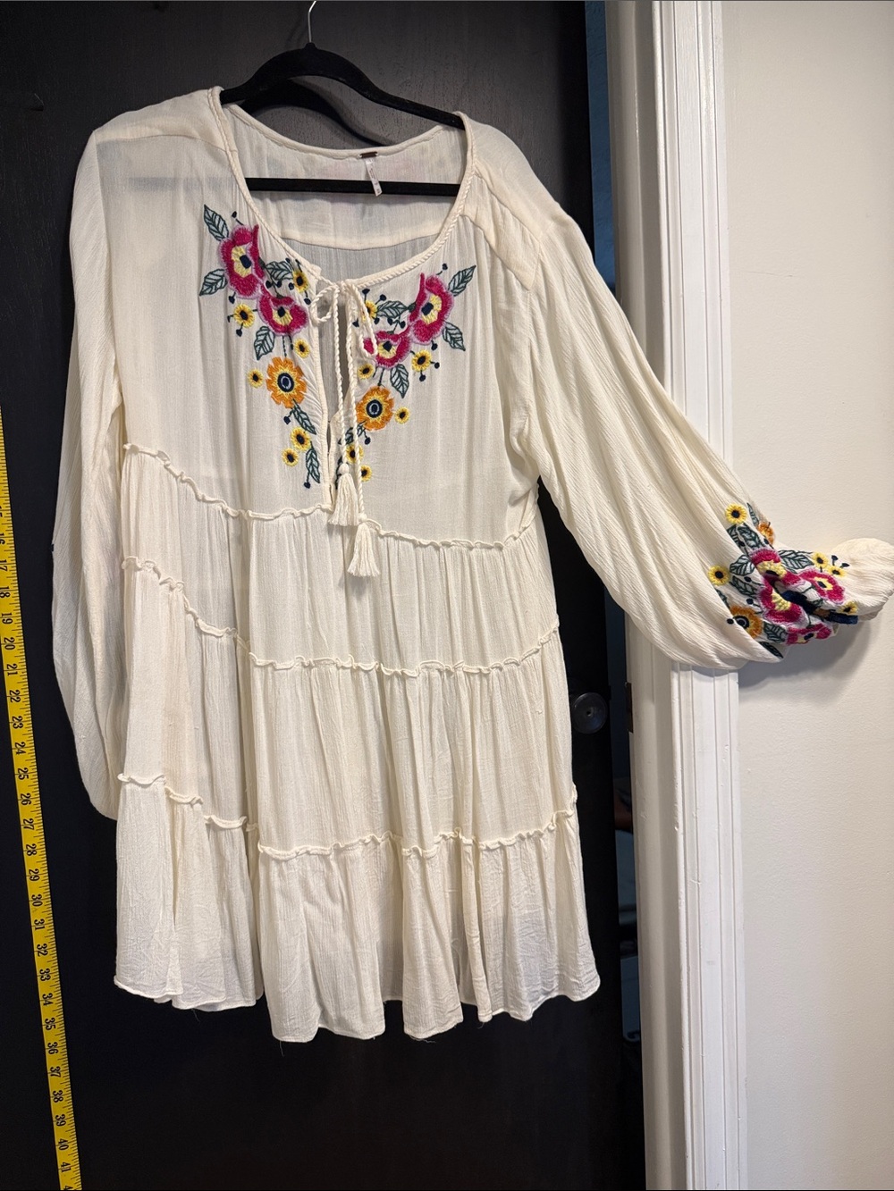 Free People Boho Embroidered Peasant Top - Cream with Floral Accents